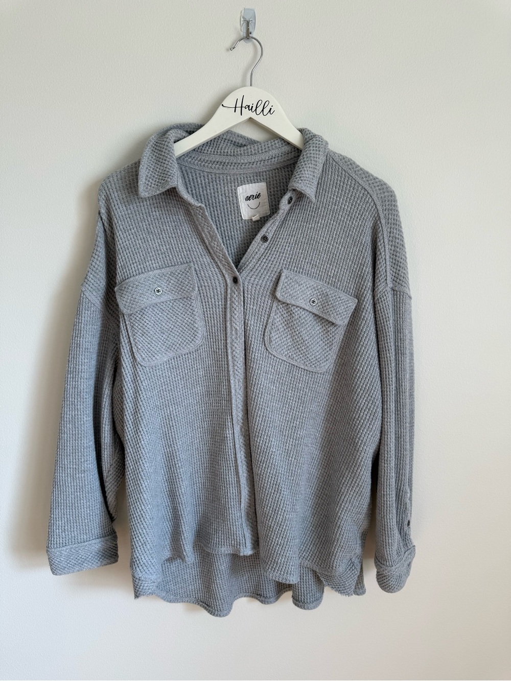 American Eagle Outfitters Gray Waffle Button-Down Shirt